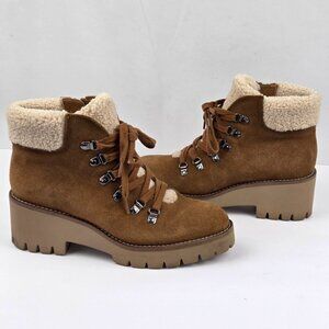 Blondo Waterproof Lace-Up Suede Ankle Boots W/ Faux Shearling Lining Tan Size 7
